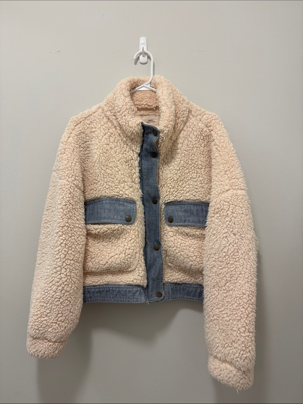 Urban Outfitters Cream Sherpa Jacket with Denim Trim